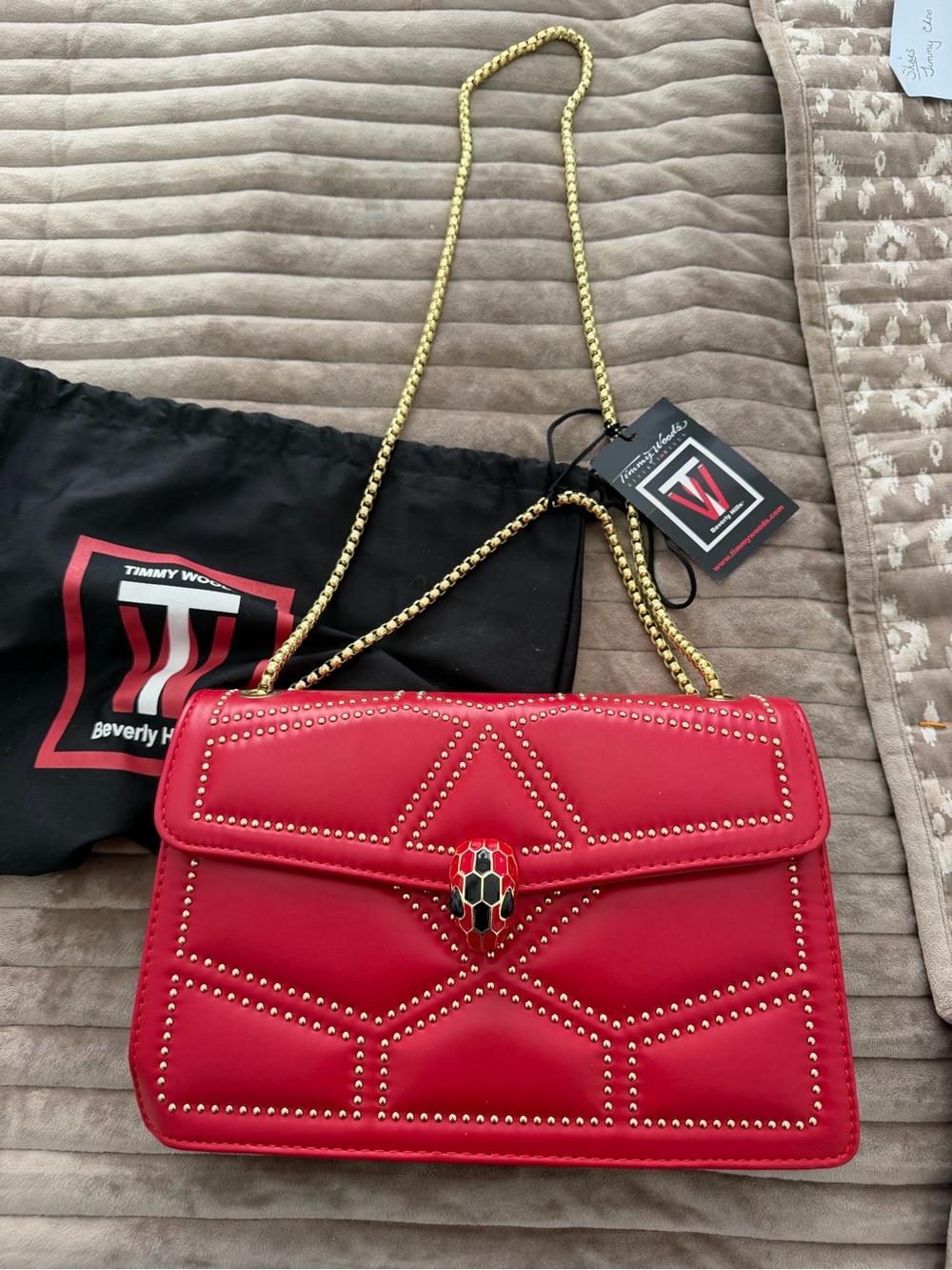 Timmy Woods Red Studded Shoulder Bag with Chain Strap